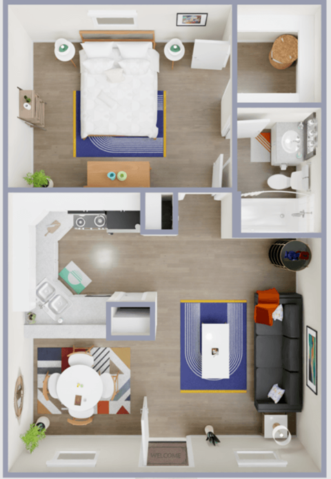 A top-down view of a small apartment with a bedroom, living room, and kitchen.